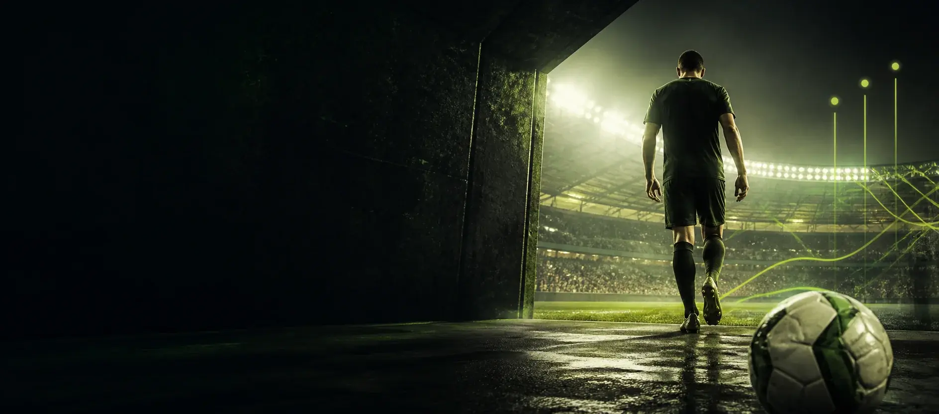 Jogador entrando em um estádio iluminado antes da partida
